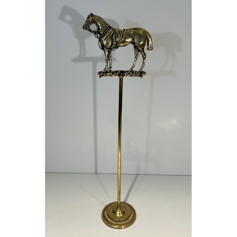 Brass Fireplace Companion Set Surmounted by a Horse Sculpture, French Work, circa 1920