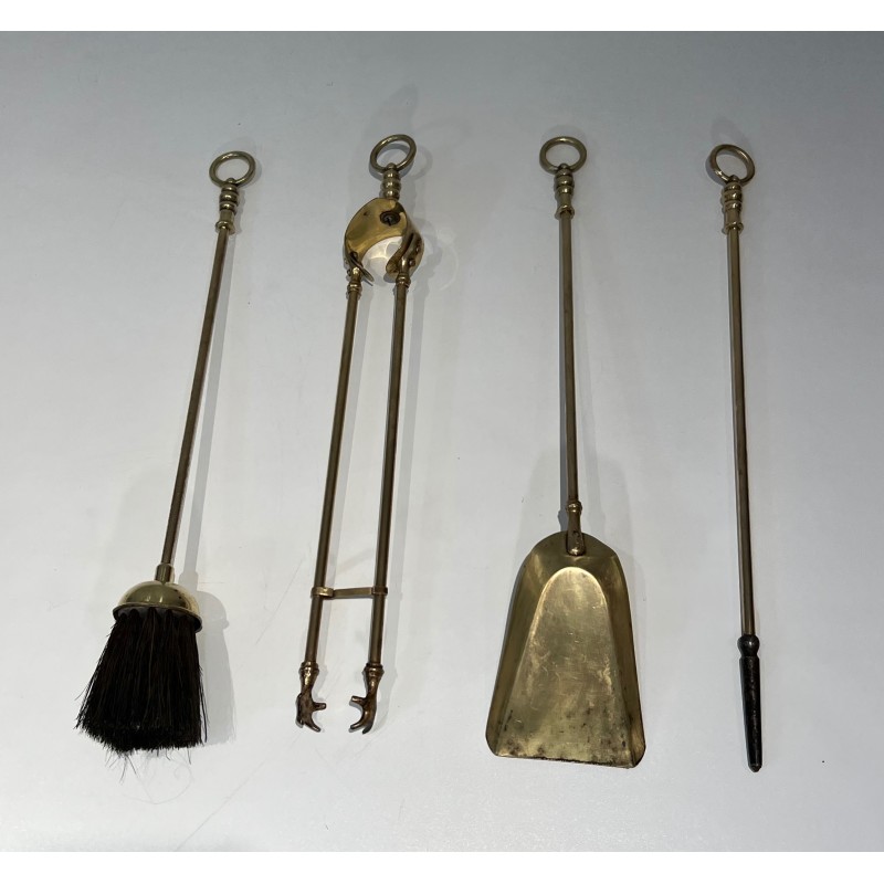 Brass Fireplace Companion Set Surmounted by a Horse Sculpture, French Work, circa 1920