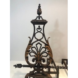 Pair of Wrought Iron and Gilt Iron Andirons in the Style of Gilbert Poillerat, circa 1940