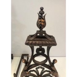 Pair of Wrought Iron and Gilt Iron Andirons in the Style of Gilbert Poillerat, circa 1940
