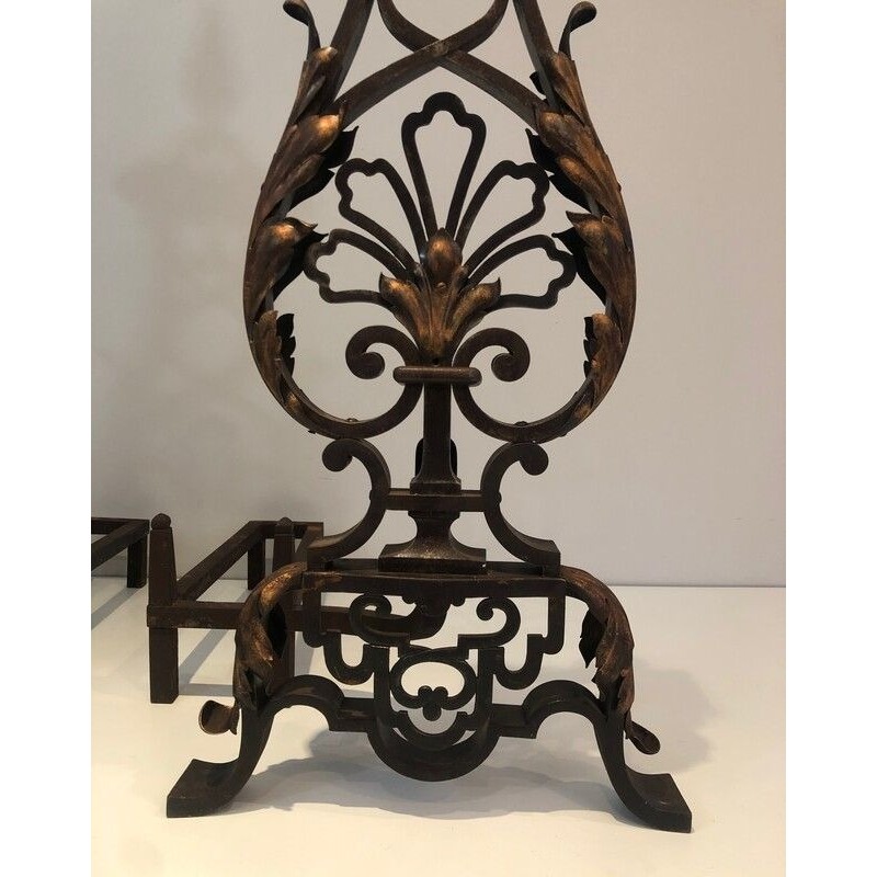 Pair of Wrought Iron and Gilt Iron Andirons in the Style of Gilbert Poillerat, circa 1940