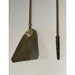Brass Fireplace Companion Set Surmounted by a Horse Sculpture, French Work, circa 1920