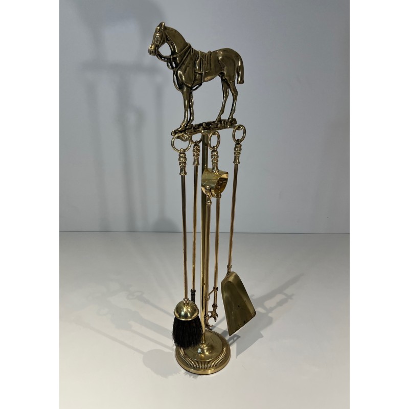 Brass Fireplace Companion Set Surmounted by a Horse Sculpture, French Work, circa 1920