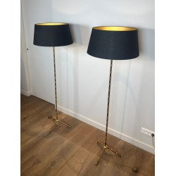 Paire de Lampadaires de Parquet Façon Faux-Bambou en Bronze et Laiton de Jacques Adnet