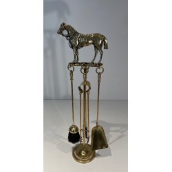 Brass Fireplace Companion Set Surmounted by a Horse Sculpture, French Work, circa 1920