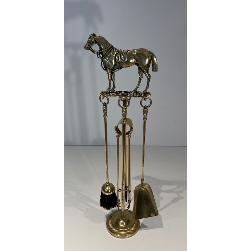Brass Fireplace Companion Set Surmounted by a Horse Sculpture, French Work, circa 1920