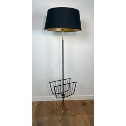 Black Lacquered Metal and Brass Floor Lamp with Magazine Rack, French Work, circa 1950