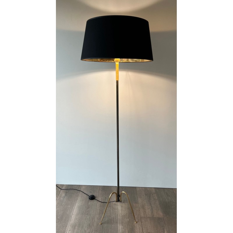 Gun Metal and Brass Mid-Century Design Floor Lamp, French Work, circa 1960