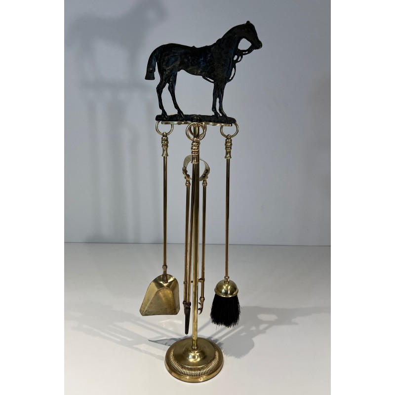 Brass Fireplace Companion Set Surmounted by a Horse Sculpture, French Work, circa 1920