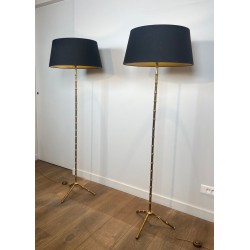 Paire de Lampadaires Faux-Bambou en Bronze et Laiton, Jacques Adnet, vers 1940