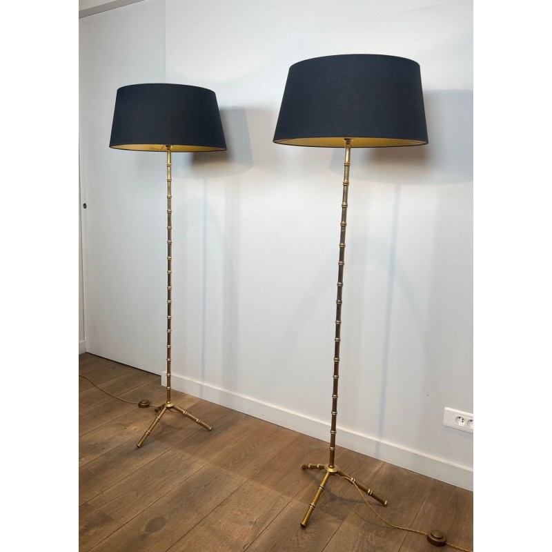 Paire de Lampadaires Faux-Bambou en Bronze et Laiton, Jacques Adnet, vers 1940