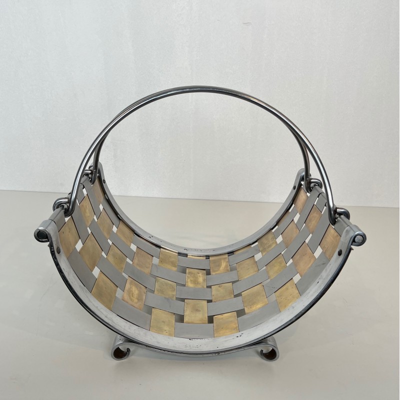 Chrome and Brass Log Holder with Interlaced Strips, French Work, circa 1970