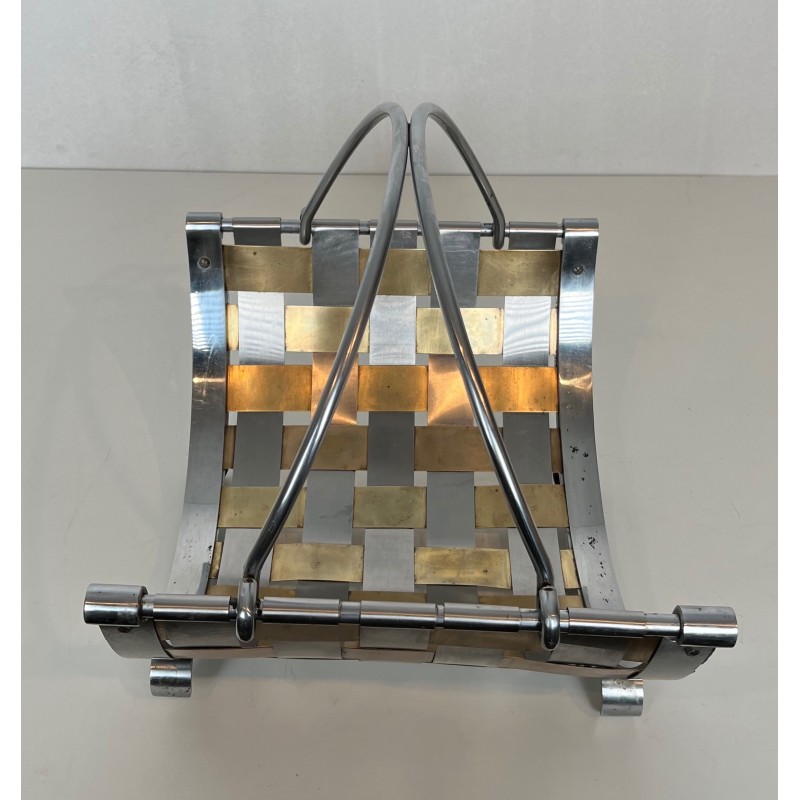 Chrome and Brass Log Holder with Interlaced Strips, French Work, circa 1970