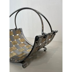 Chrome and Brass Log Holder with Interlaced Strips, French Work, circa 1970