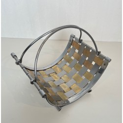 Chrome and Brass Log Holder with Interlaced Strips, French Work, circa 1970