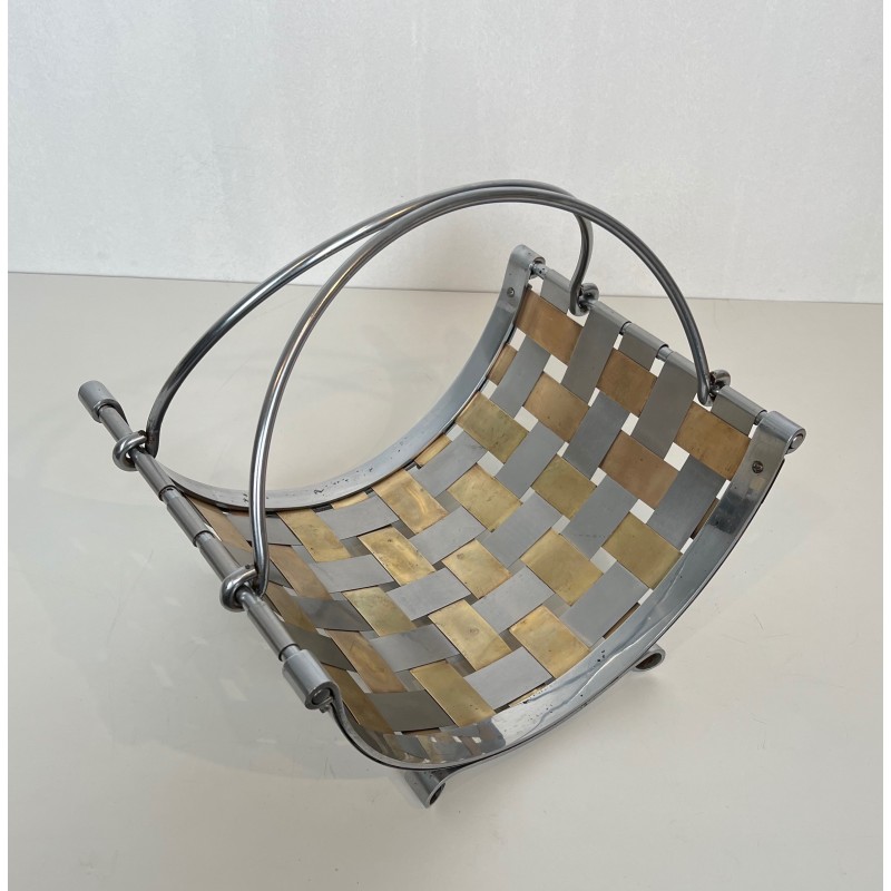 Chrome and Brass Log Holder with Interlaced Strips, French Work, circa 1970