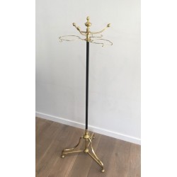 Tall Coat and Hat Stand in Black Lacquered Metal and Brass, circa 1900