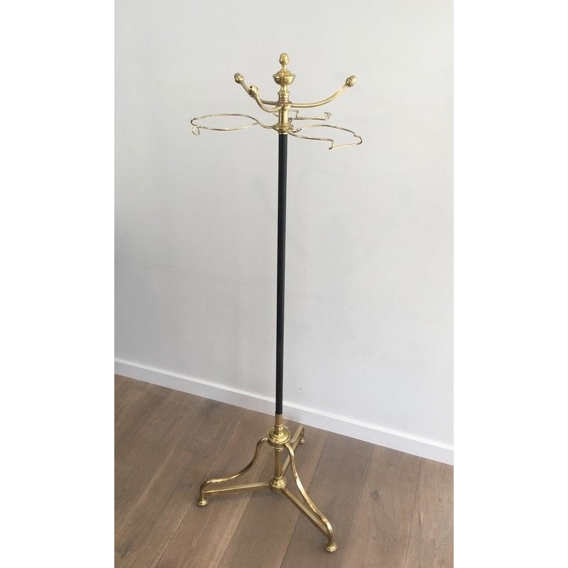 Tall Coat and Hat Stand in Black Lacquered Metal and Brass, circa 1900