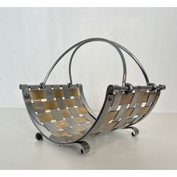 Chrome and Brass Log Holder with Interlaced Strips, French Work, circa 1970