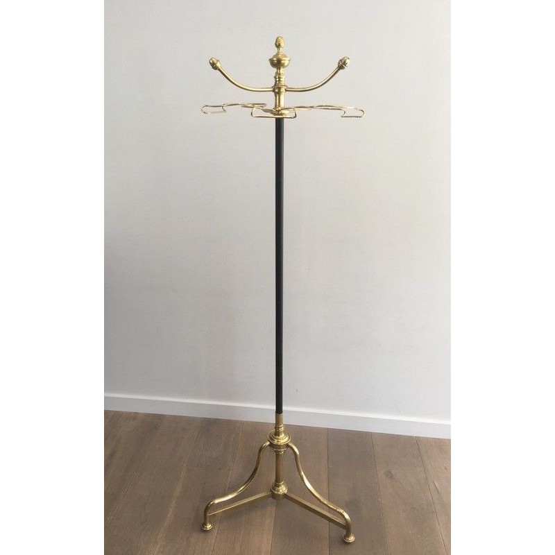 Tall Coat and Hat Stand in Black Lacquered Metal and Brass, circa 1900