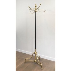 Tall Coat and Hat Stand in Black Lacquered Metal and Brass, circa 1900