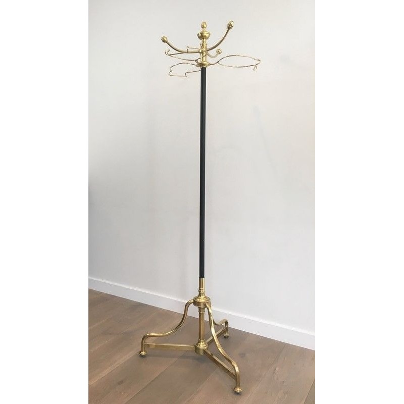 Tall Coat and Hat Stand in Black Lacquered Metal and Brass, circa 1900