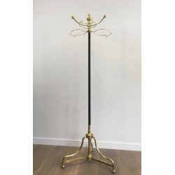 Tall Coat and Hat Stand in Black Lacquered Metal and Brass, circa 1900