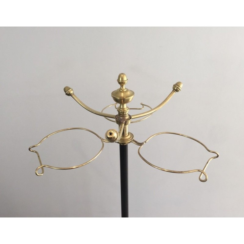Tall Coat and Hat Stand in Black Lacquered Metal and Brass, circa 1900