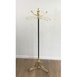 Tall Coat and Hat Stand in Black Lacquered Metal and Brass, circa 1900