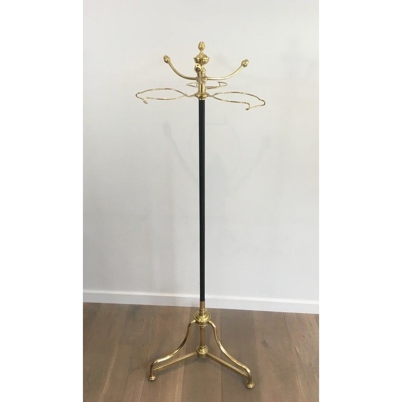 Tall Coat and Hat Stand in Black Lacquered Metal and Brass, circa 1900