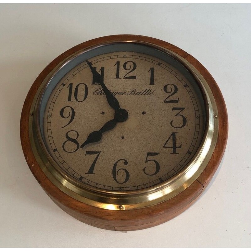 Wood and Brass Wall Clock, Signed Électrique Brillié, circa 1900