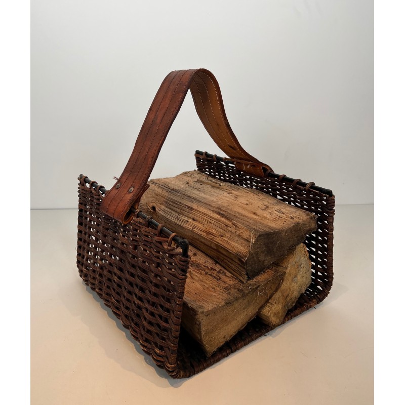 Rattan, Black Lacquered Metal and Leather Log Holder