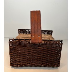 Porte-Bûches en Métal Laqué Noir, Rotin et Cuir