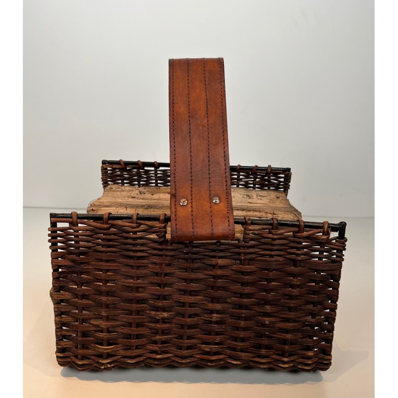 Rattan, Black Lacquered Metal and Leather Log Holder