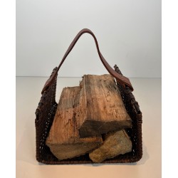 Porte-Bûches en Métal Laqué Noir, Rotin et Cuir