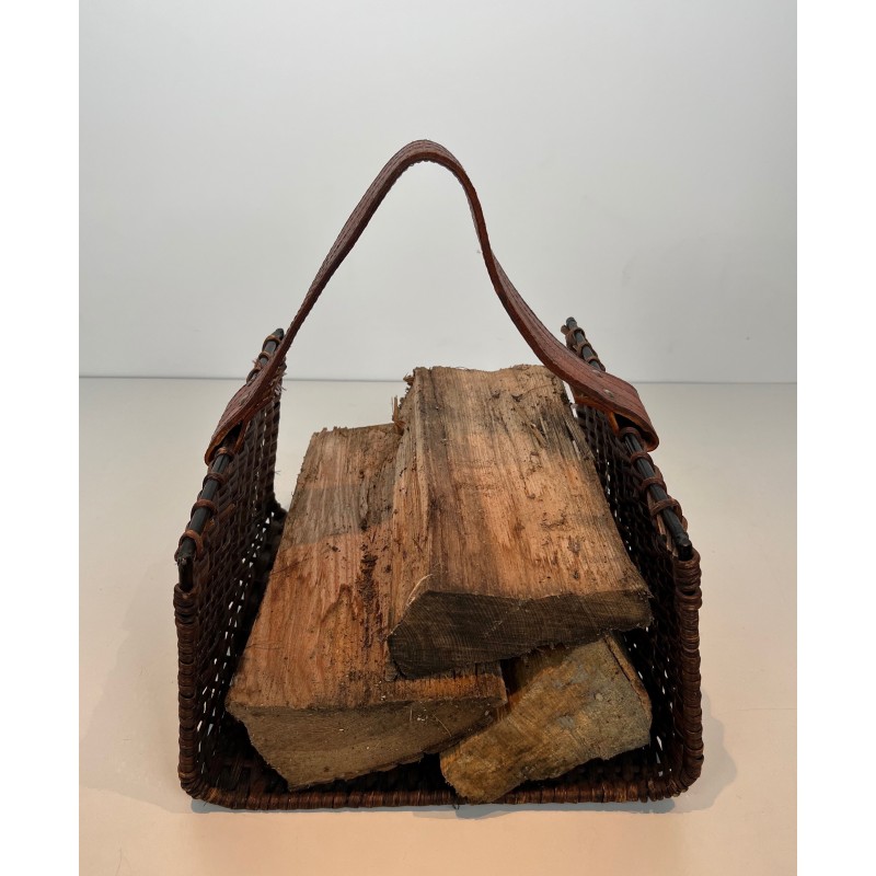 Rattan, Black Lacquered Metal and Leather Log Holder