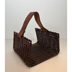 Rattan, Black Lacquered Metal and Leather Log Holder