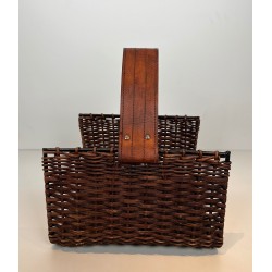 Porte-Bûches en Métal Laqué Noir, Rotin et Cuir