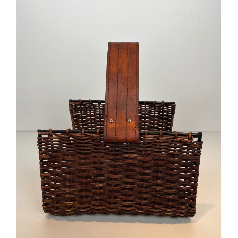 Rattan, Black Lacquered Metal and Leather Log Holder