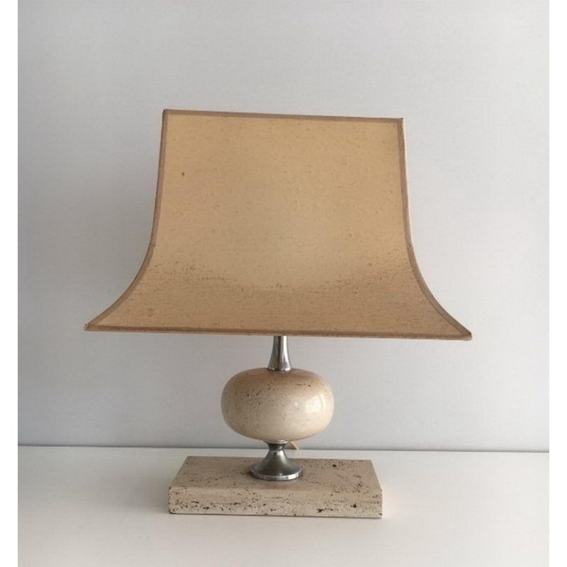 Lampe de Table en Travertin et Chrome par Philippe Barbier, vers 1970