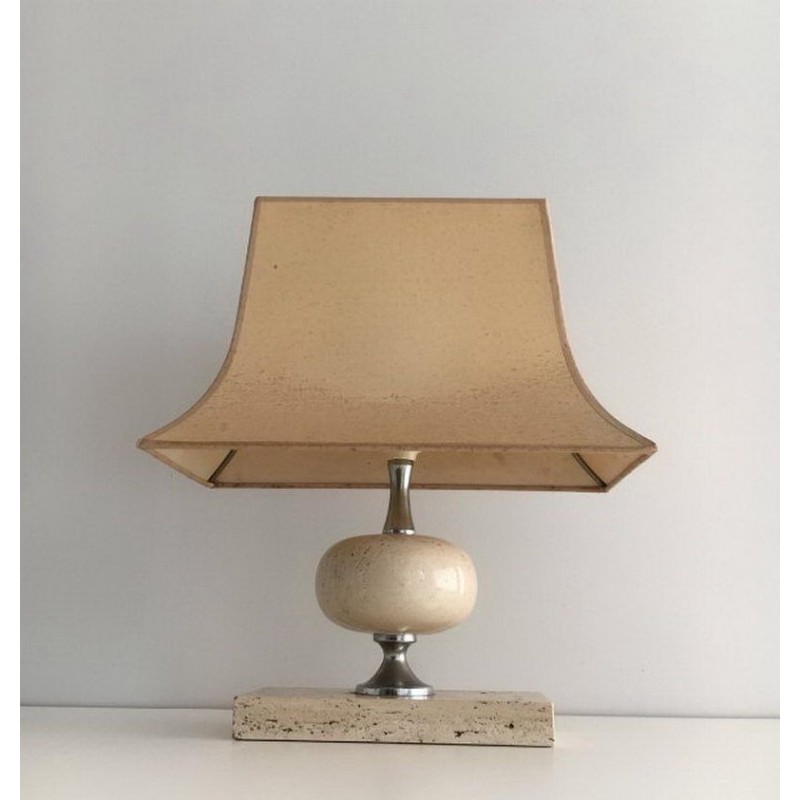 Travertine and Chrome Table Lamp by Philippe Barbier, circa 1970