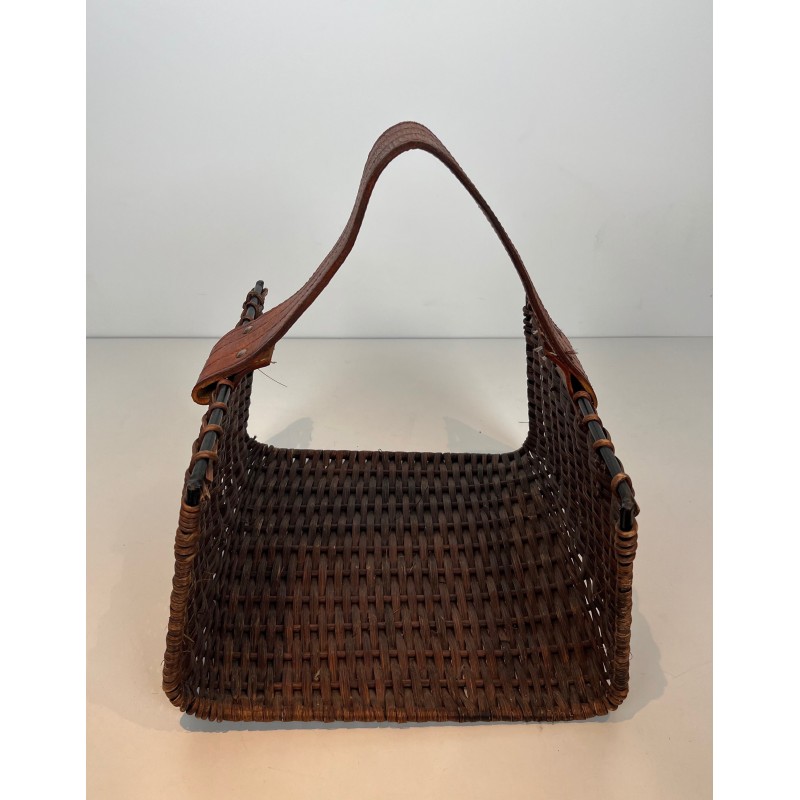 Rattan, Black Lacquered Metal and Leather Log Holder