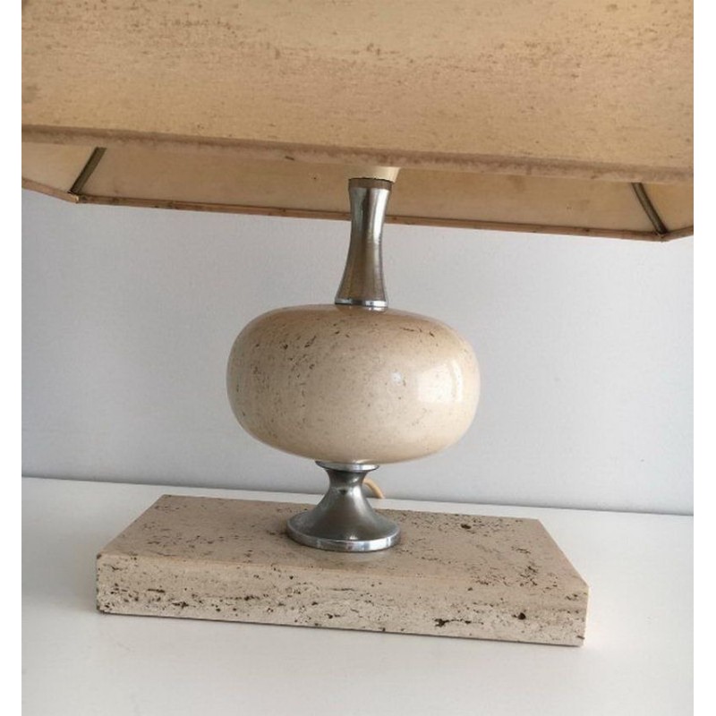 Travertine and Chrome Table Lamp by Philippe Barbier, circa 1970