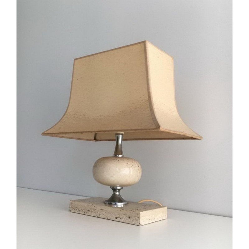 Travertine and Chrome Table Lamp by Philippe Barbier, circa 1970