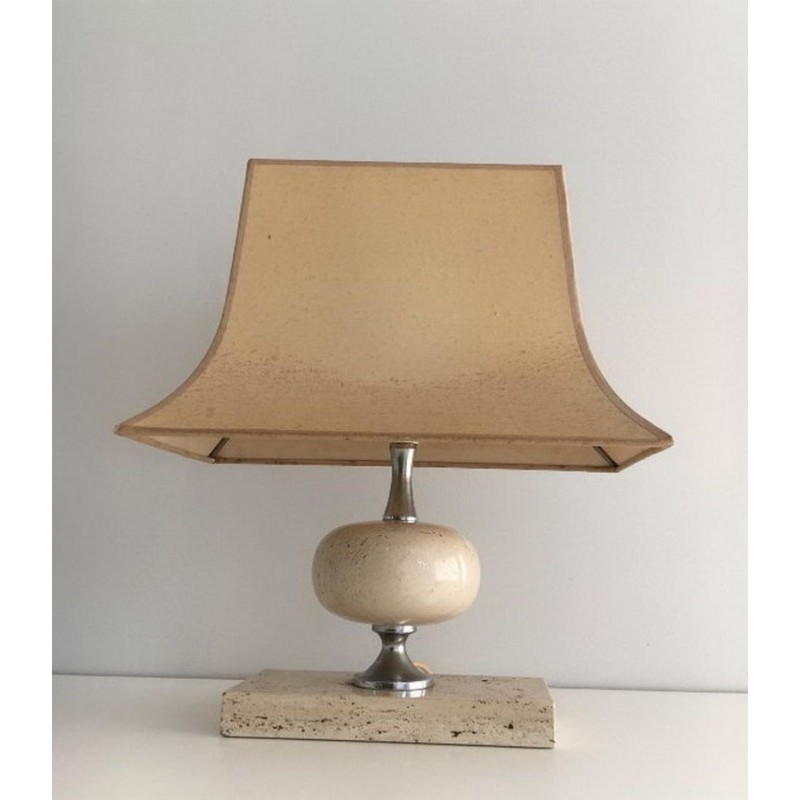Travertine and Chrome Table Lamp by Philippe Barbier, circa 1970