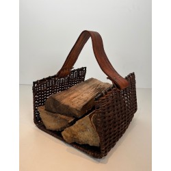 Rattan, Black Lacquered Metal and Leather Log Holder