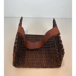 Rattan, Black Lacquered Metal and Leather Log Holder