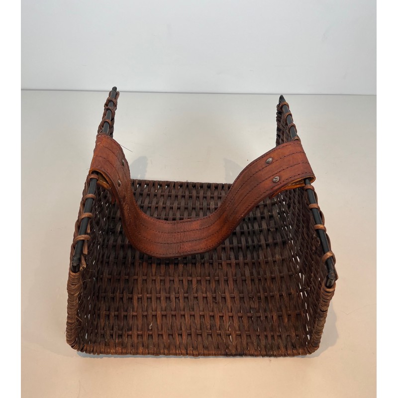Porte-Bûches en Métal Laqué Noir, Rotin et Cuir