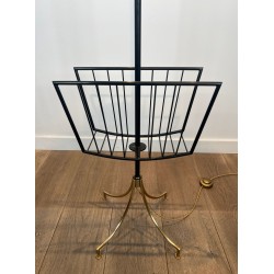 Black Lacquered Metal and Brass Floor Lamp with Magazine Rack, French Work, circa 1950
