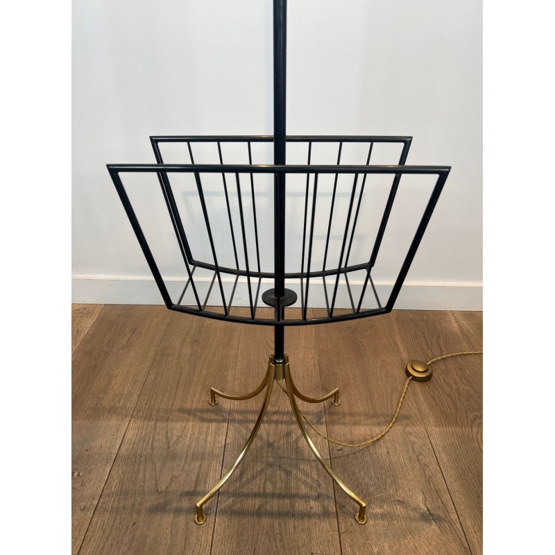 Black Lacquered Metal and Brass Floor Lamp with Magazine Rack, French Work, circa 1950